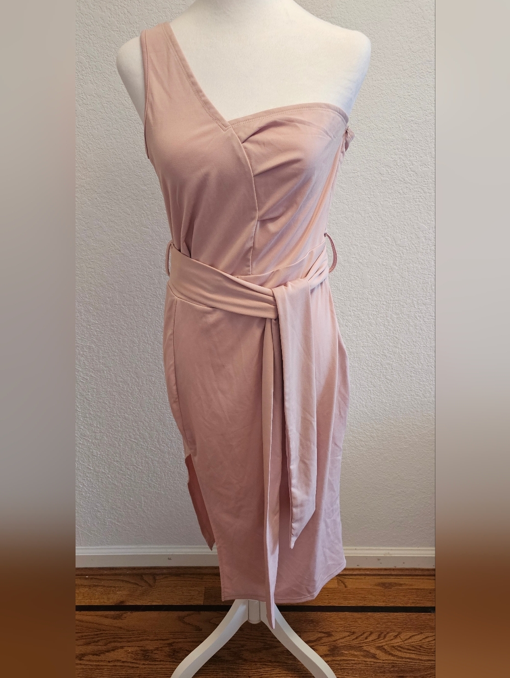 Blush Pink Midi Dress with Waist Tie